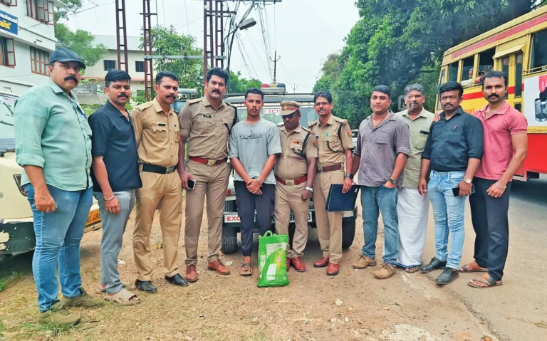 Kerala excise officers seizing hashish oil from a milk van during a drug bust in Thrissur