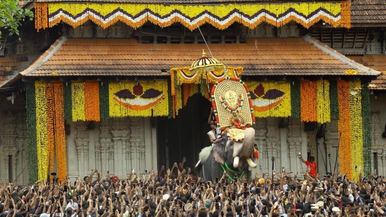Elephant procession and crowd during Thrissur Pooram 2026 festival at Vadakkunnathan temple