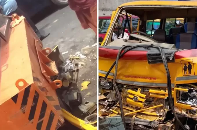 Kallambalam bus accident school bus crash scene with damaged vehicle and rescue operation