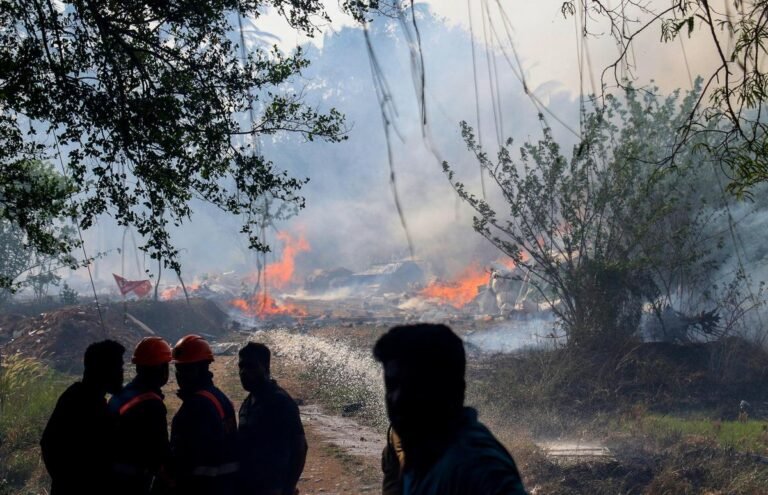Police and forensic team searching debris at Mundathikode explosion site in Thrissur after firework disaster