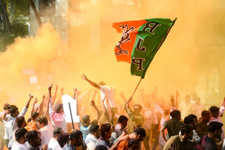 BJP supporters celebrating big lead in West Bengal election result