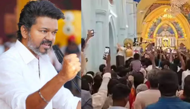 Thalapathy Vijay visiting Velankanni Basilica with large crowd of supporters gathered