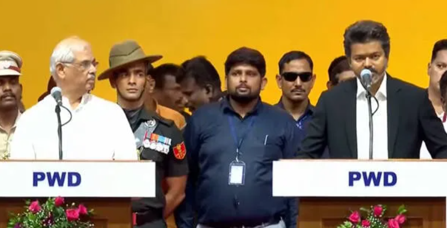 Vijay taking oath as Tamil Nadu chief minister at Chennai stadium