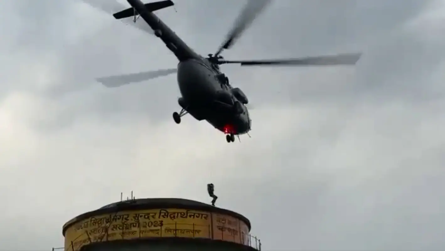 IAF helicopter rescuing youths stuck on water tank after reels accident in UP