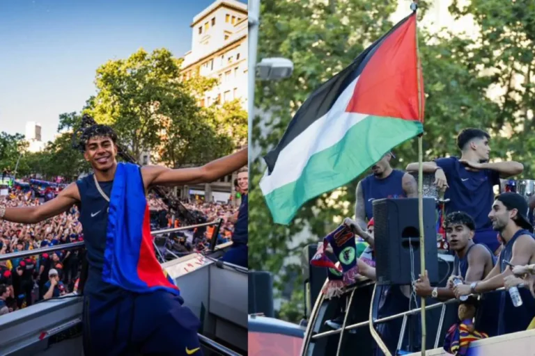 Lamine Yamal holding Palestine flag during Barcelona celebration