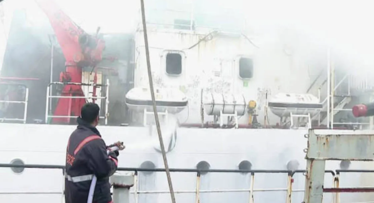 Vypin Ship Fire at private shipyard in Kochi with firefighters responding to blaze