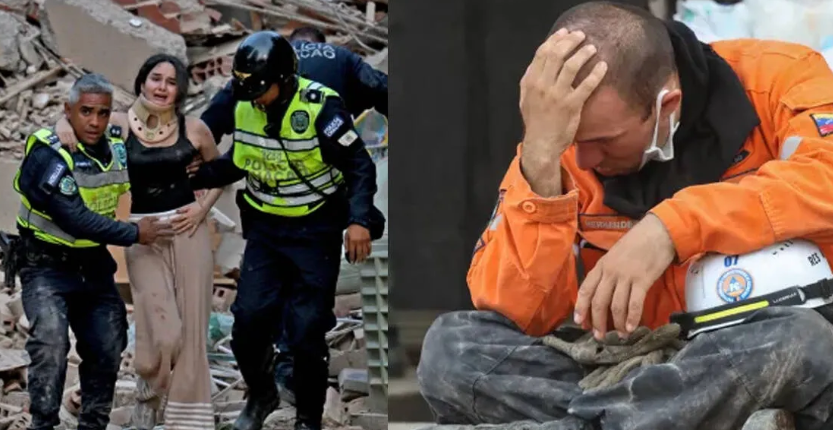 Venezuela Earthquake Disaster aftermath with rescue teams searching through collapsed buildings