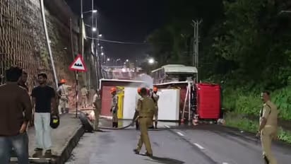 CNG Lorry Accident involving a private bus with rescue operation at the crash site