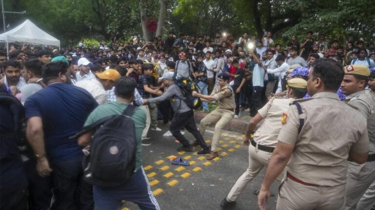 NEET Protest March during police action near Kerala House in Delhi