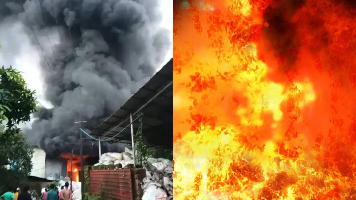 Kasaragod Factory Fire at plastic manufacturing unit with firefighters in action
