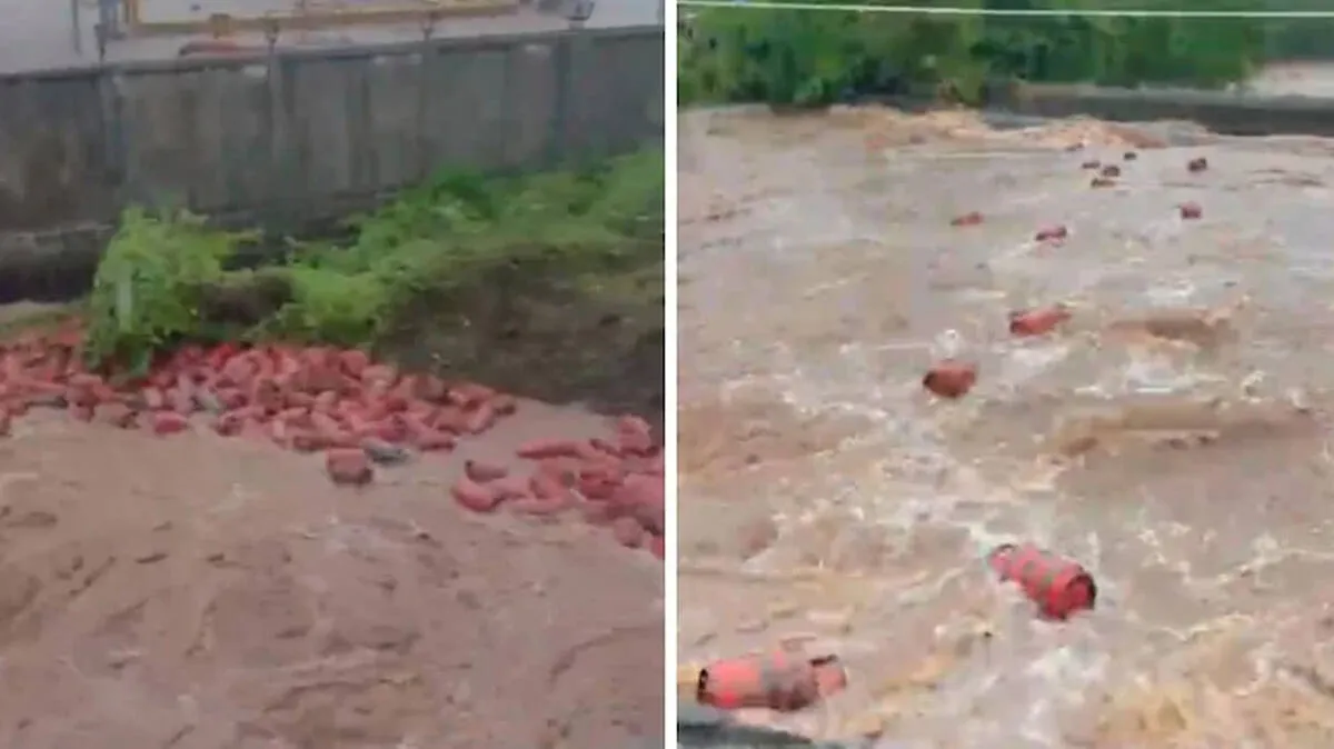 LPG Cylinder Flood with gas cylinders floating in river after flooding in Raigad Maharashtra